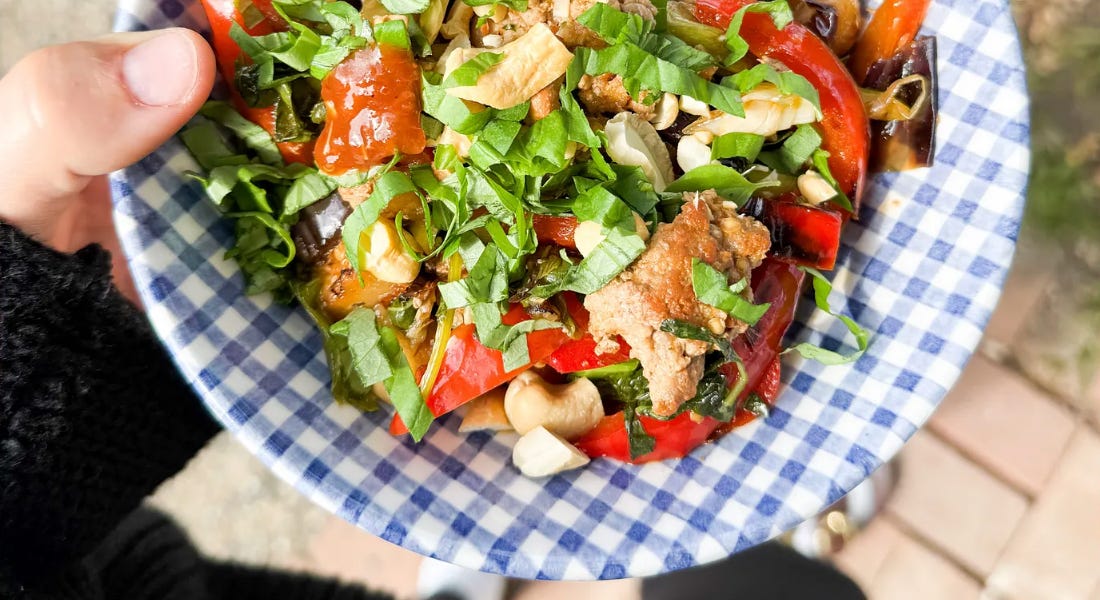 spicy (or not) pork, eggplant, and basil