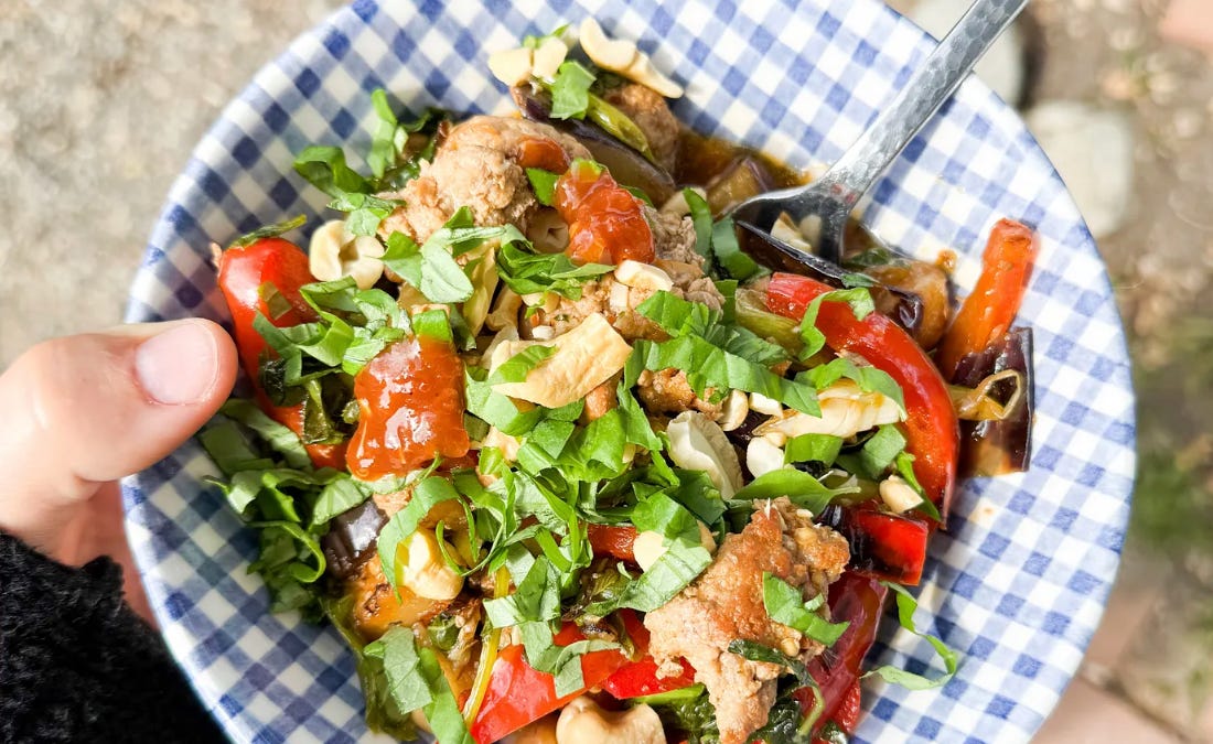 spicy (or not) pork, eggplant, and basil