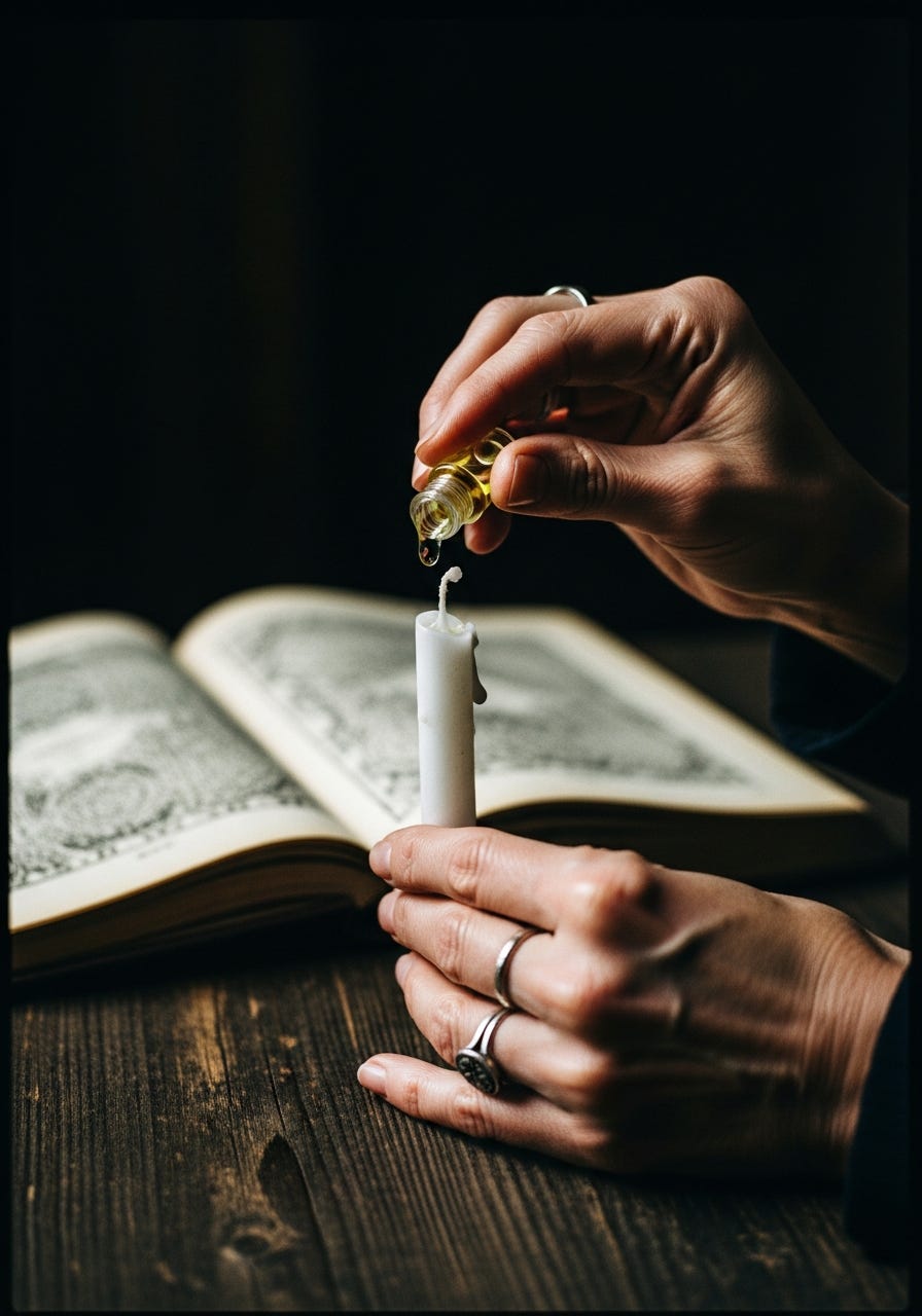 A cinematic close-up shows aged hands gently anointing a chime candle with clear oil over a dark wooden table, with an ancient journal displaying intricate patterns softly blurred in the background, all captured with dramatic chiaroscuro lighting and a vintage film aesthetic.