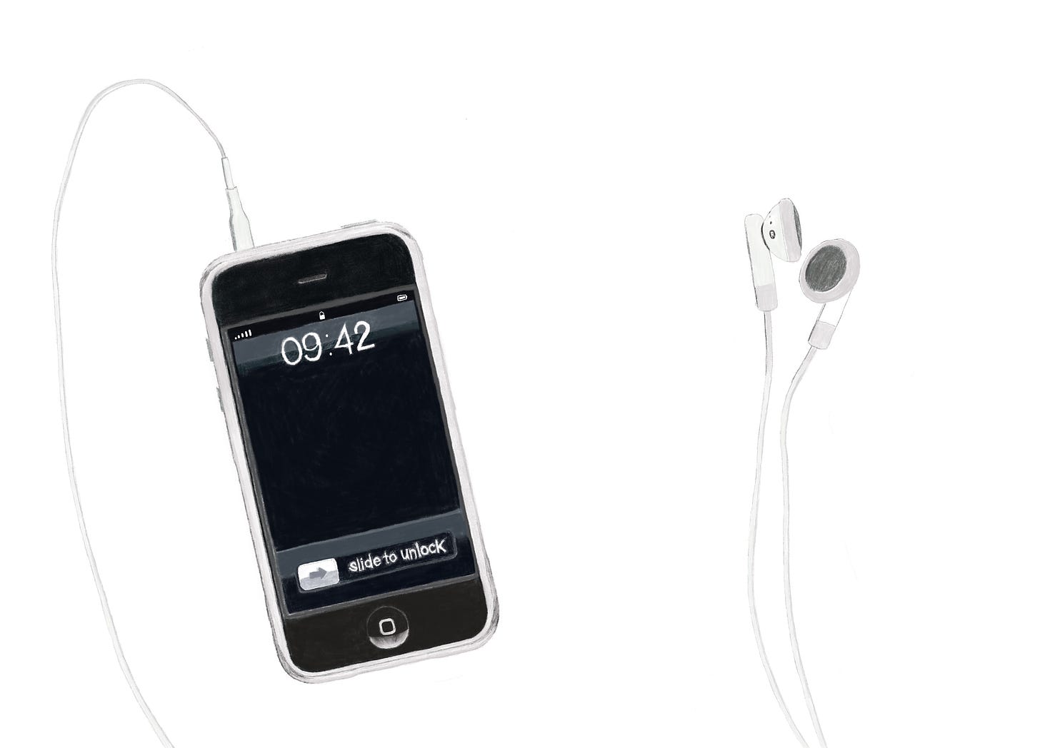 Illustration of first generation iPhone with earbuds.