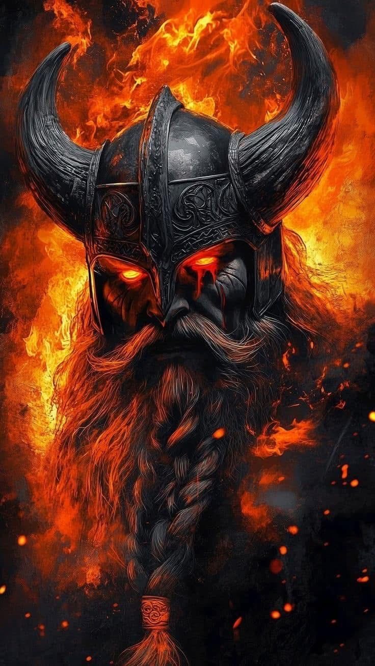 This may contain: a painting of a viking with horns on fire