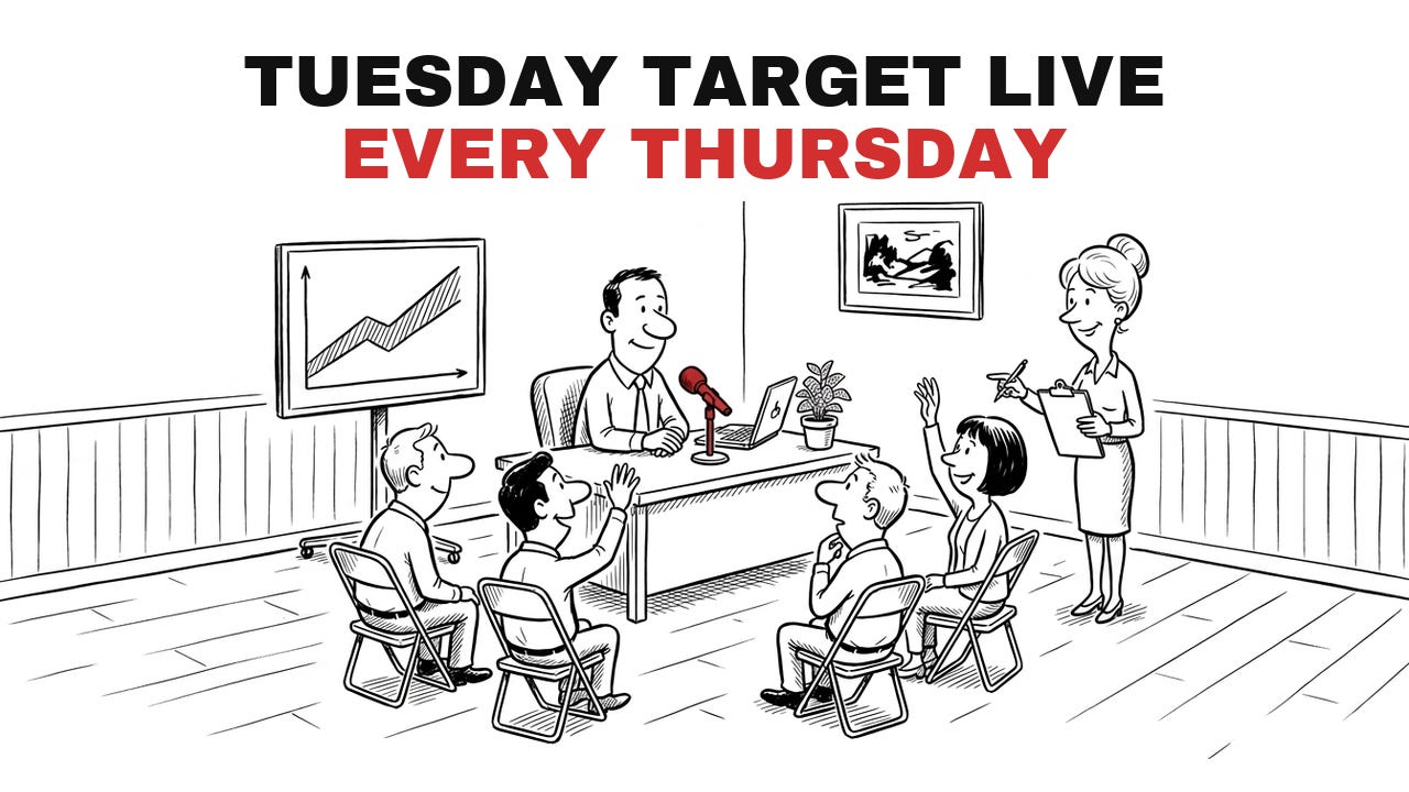 Tuesday Target Live, every Thursday: Juri at a desk with a microphone, students raising their hands. Tuesday Target Live, every Thursday: Juri at a desk with a microphone, students raising their hands.