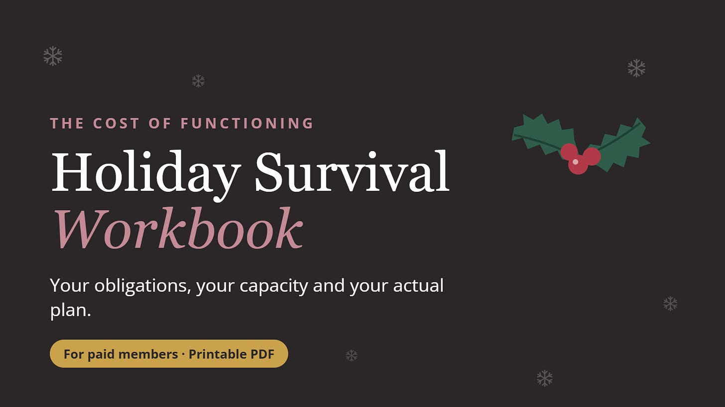 Holiday Survival Workbook: your obligations, your capacity and your actual plan. For paid members, printable PDF. Holiday Survival Workbook: your obligations, your capacity and your actual plan. For paid members, printable PDF.