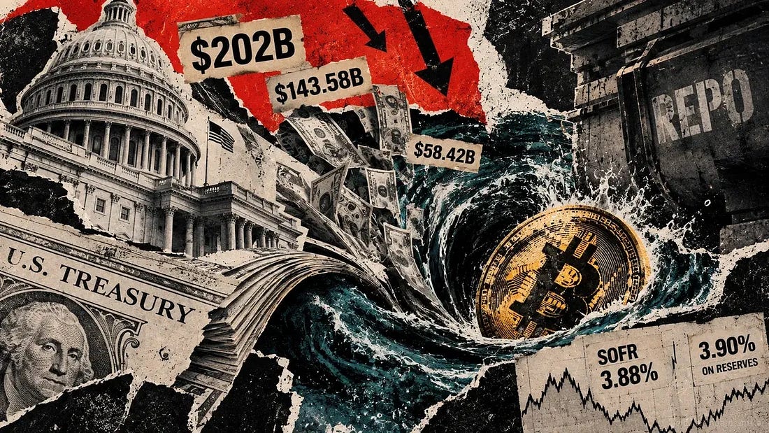 Treasury debt and dollar flows spiral toward a Bitcoin vortex beside repo market signals, including SOFR 3.88% and the 3.90% reserve rate. Treasury debt and dollar flows spiral toward a Bitcoin vortex beside repo market signals, including SOFR 3.88% and the 3.90% reserve rate.