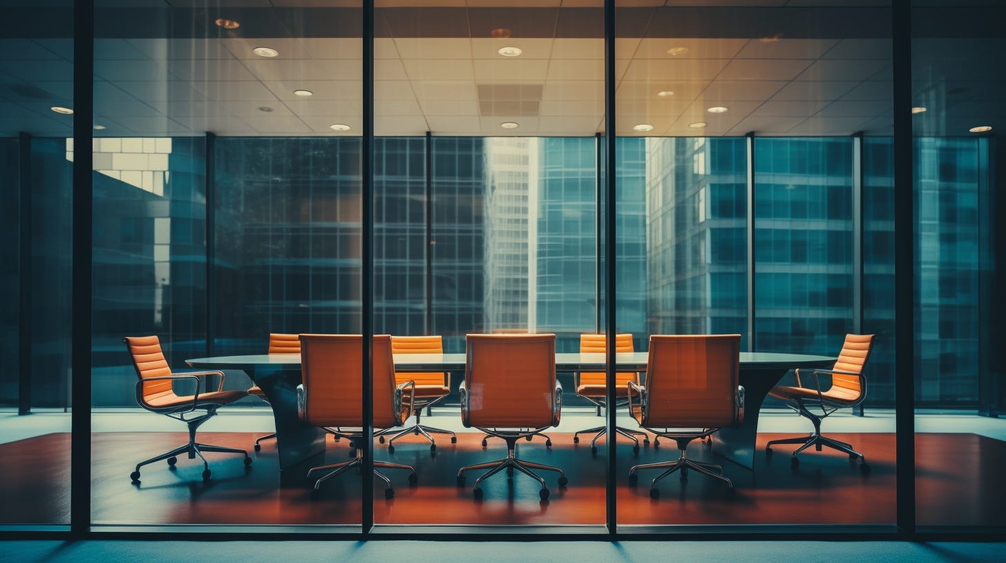 Midjourney prompt: corporate boardroom viewed from outside, Canon EOS 5D Mark IV, Canon EF 16-35mm f/2.8L USM lens, Fujicolor Superia X-TRA 400, colors of burnt orange and light blue, --no cameras --ar 16:9 Midjourney prompt: corporate boardroom viewed from outside, Canon EOS 5D Mark IV, Canon EF 16-35mm f/2.8L USM lens, Fujicolor Superia X-TRA 400, colors of burnt orange and light blue, --no cameras --ar 16:9