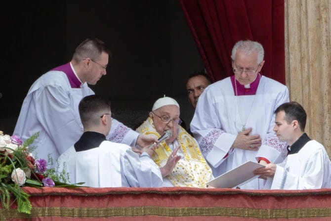 Pope Francis speaks the Easter blessing "urbi et orbi" from the central loggia of St. Peter's Basilica, April 20, 2025. Pope Francis speaks the Easter blessing "urbi et orbi" from the central loggia of St. Peter's Basilica, April 20, 2025.