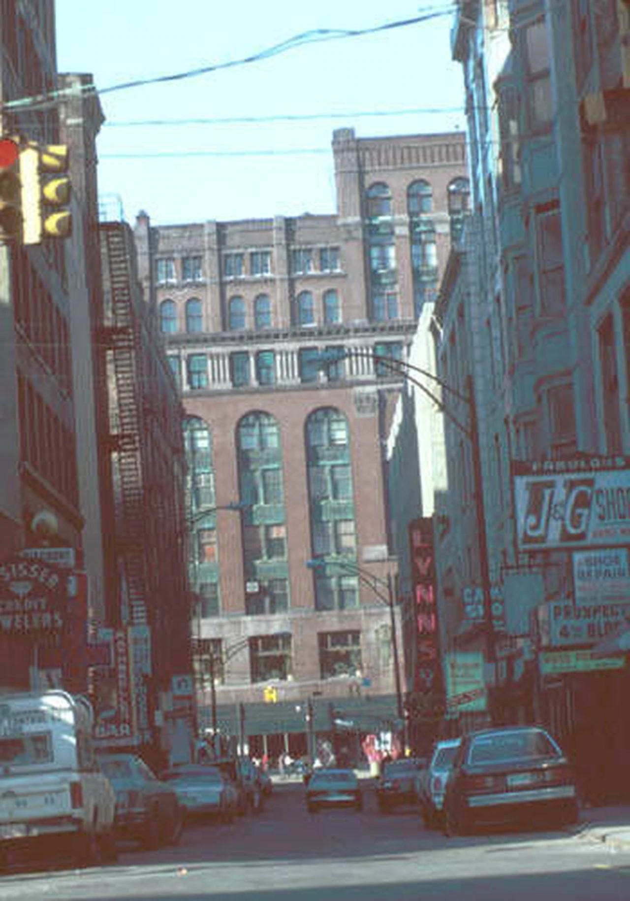 A street scene of downtown Cleveland, Ohio, from the late 1960s or early 1970s.