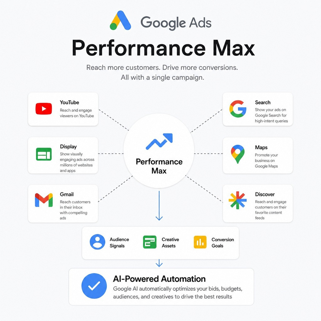 Google Performance Max campaign diagram illustrating its six ad placements — YouTube, Search, Display, Maps, Gmail, and Discover — combined with audience signals, creative assets, and conversion goals to drive AI-powered automation and conversions.