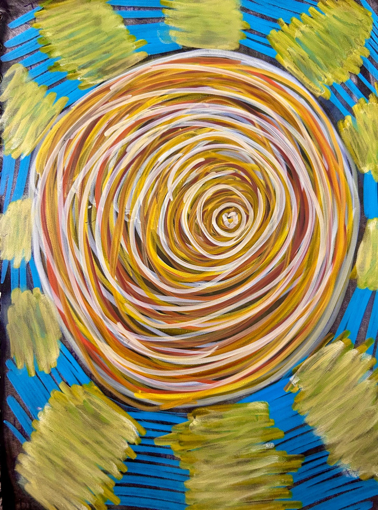 An abstract painting by Annie Matan. Concentric swirling rings suggest a radiant sun, in shades of gold, yellow, orange, and white, with soft green and blue brush strokes radiating outward, evoking light, energy, and motion.