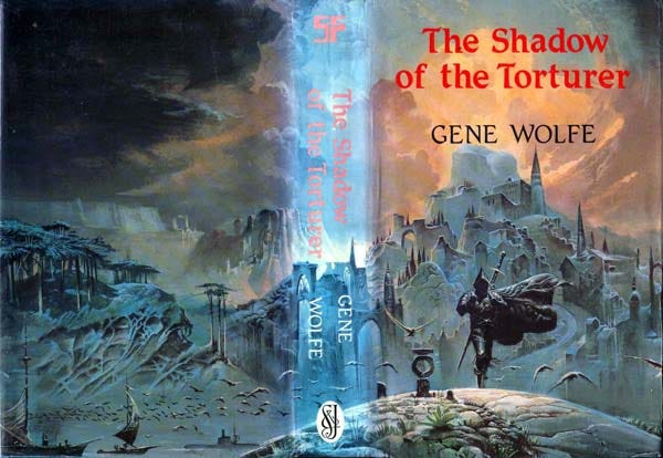 The first edition (I think?) cover of Gene Wolfe's "The Shadow Of The Torturer" showing a very dark and dramatic Mordor-like landscape.