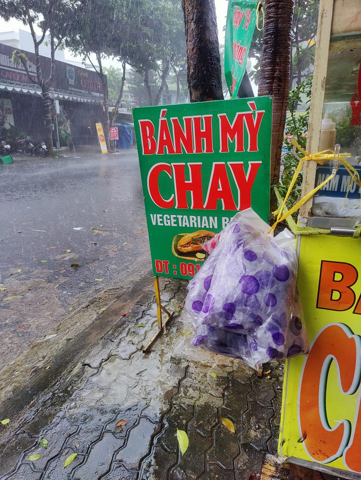 rainy street, banh mi sandwich