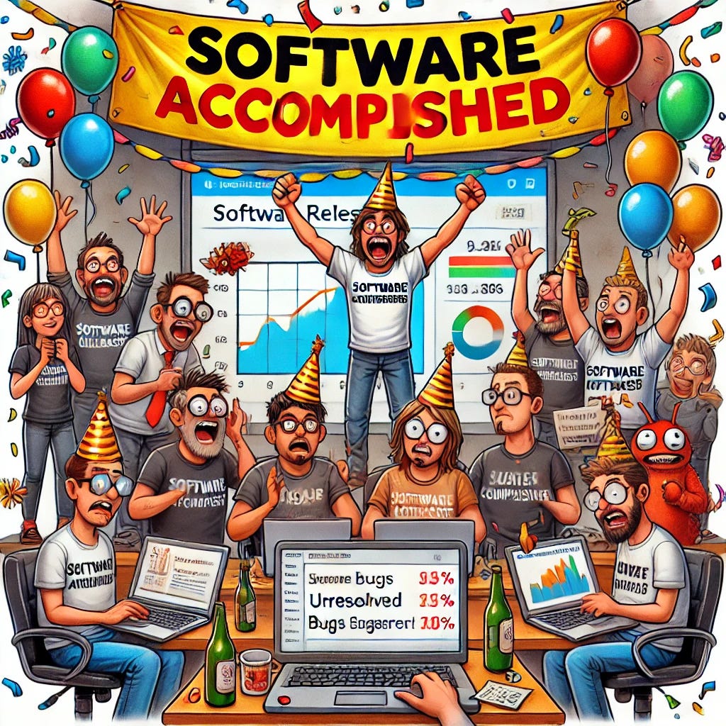 A sarcastic and funny cartoon illustration of software engineers celebrating a software release as a huge success. The scene includes over-the-top decorations like confetti, balloons, and a humorous 'Software Accomplished' banner, while the engineers are holding laptops with unresolved bugs popping up on the screens. Some team members are dramatically high-fiving and posing for a team photo, while a stressed project manager in the corner reviews metrics that show declining user engagement. The overall style is colorful and comedic with exaggerated expressions.