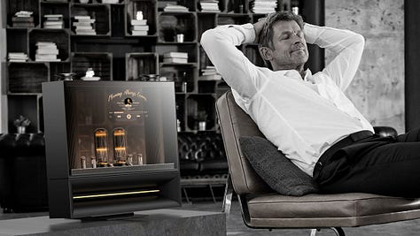 6 images shown. From left to right: top row includes CES conference center outside image, MBUX sound drive display, Fiio tape deck. Bottom row, LG Dukebox next to reclining man, Samsung music frame displaying record, KiT Better album card
