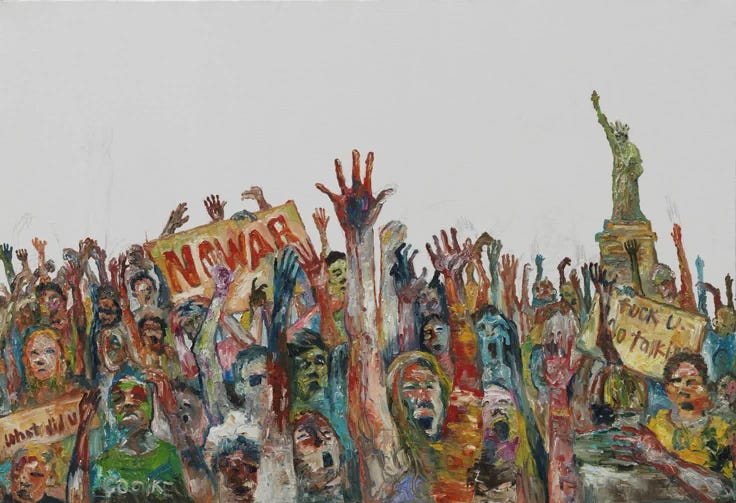 This may contain: a painting of many people holding signs and standing in front of a statue with their hands up
