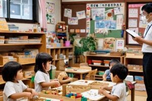 An illustration depicting a Japanese preschool classroom with an educator observing children as they engage in various activities. The educator should be portrayed with a calm, attentive demeanor, representing the mimamoru approach.