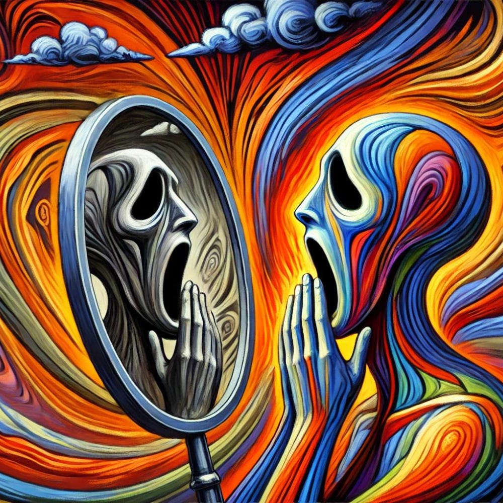 A surreal, expressionist-style painting of a multicoloured human figure screaming into a mirror. The reflection appears grey, skeletal, and haunted. Vivid swirling colours suggest emotional turbulence and psychological fragmentation, representing the echo chamber of unrecognised trauma and the distortion of self-perception in survival loops.