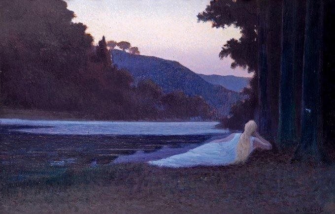 This may contain: a painting of a woman sitting on the ground next to a body of water at dusk This may contain: a painting of a woman sitting on the ground next to a body of water at dusk