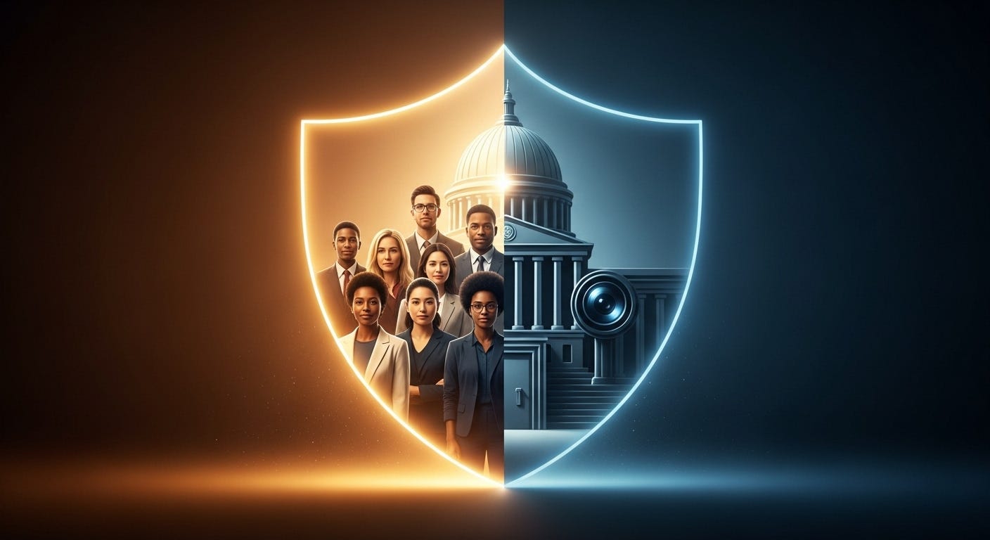 A glowing shield protects a diverse group of people on one side and a government building on the other, symbolizing the balance between consumer protection and regulatory oversight.