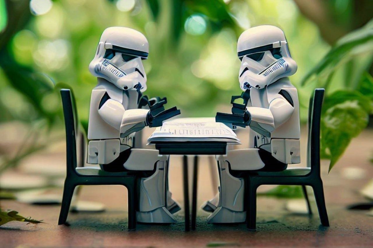 Two Lego Stormtroopers seated at a table in negotiations in leafy courtyard Two Lego Stormtroopers seated at a table in negotiations in leafy courtyard