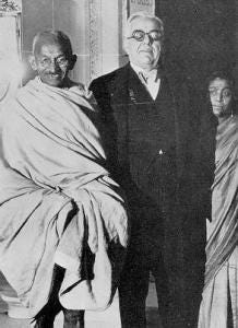 Imam Sultan Muhammad Shah and Gandhi outside the Ritz Hotel