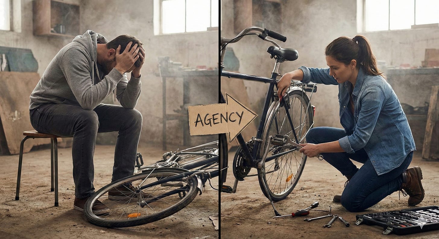 Contrast between a man giving up on a broken bike and a woman fixing one Contrast between a man giving up on a broken bike and a woman fixing one
