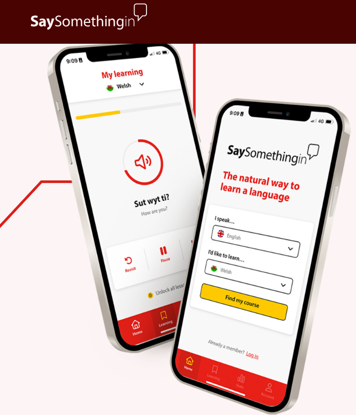 Two mobile phone screens showing "Say Something in Welsh" app in red letters on a white background
