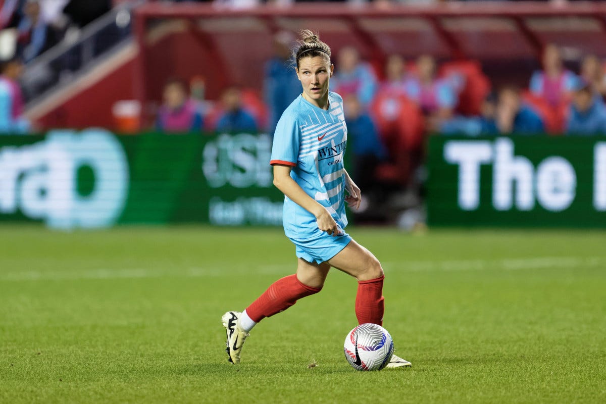 Apr 13, 2024; Bridgeview, Illinois, USA; Chicago Red Stars defender Natalia Kuikka (12) controls the ball against Angel City FC at SeatGeek Stadium.