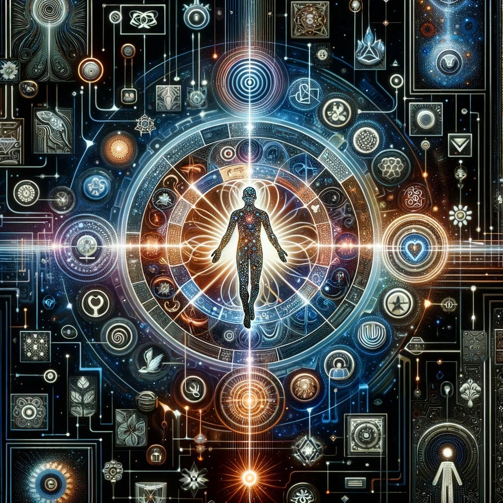 Create an image that symbolizes the convergence of personality theory and culture theory, influenced and advanced by artificial intelligence. The visual should represent a fusion of human traits and cultural symbols, intertwined with digital or AI elements, to depict the modern exploration of these theories through technology. Include symbols or abstract representations of different cultures around a central figure that embodies the essence of human personality, all interconnected with digital, AI-inspired motifs.