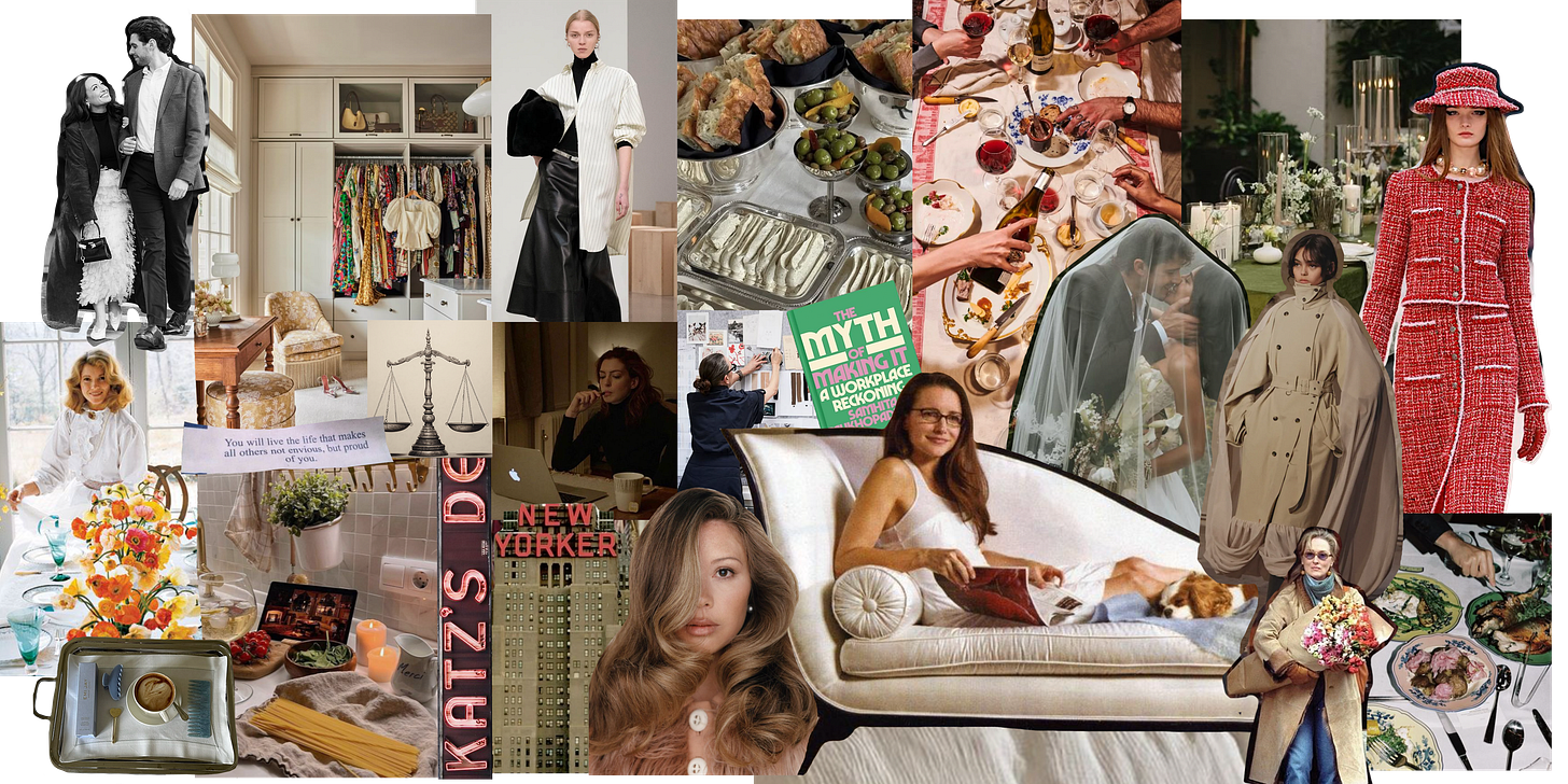 Bella's 30s mood board, including images of New York City, cooking and hostessing, runway fashion and organized closets, and her impending nuptuals.