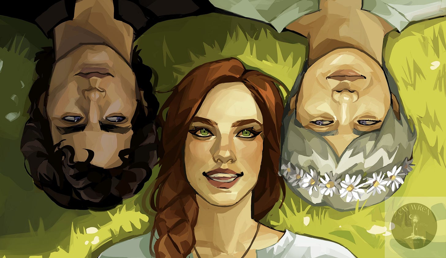 A picture of Calder, Emer, and Keane lying in a meadow together. It is a peaceful scene and they are smiling. 