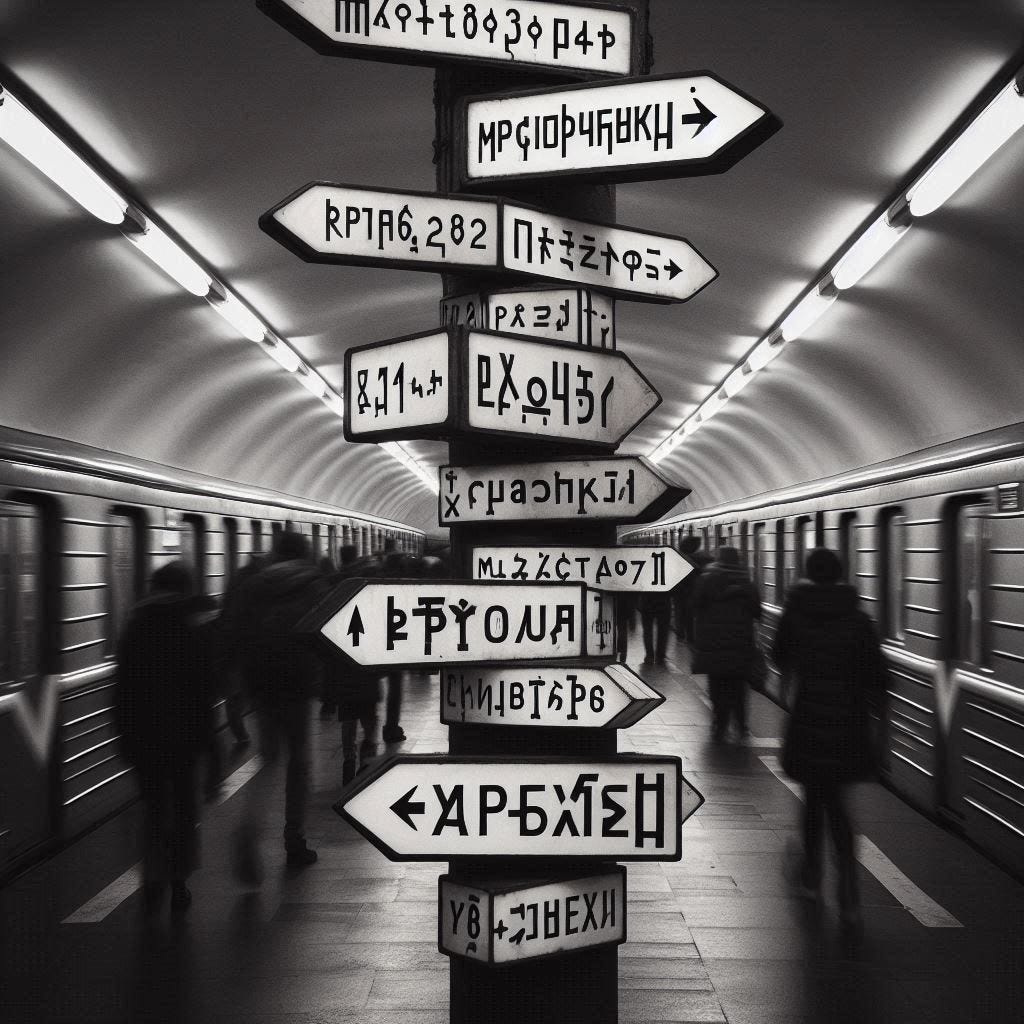 A pole at an intersection inside a busy subway showing arrow signs in different directions but written in an incomprehensible alphabet that vaguely resembles cyrillic