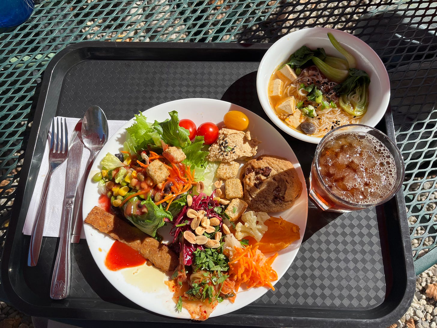 A black tray on a textured outdoor table holds a plate filled with a colorful array of plant-based foods, alongside a bowl of ramen and a glass of a bubbly drink.
