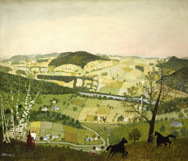 Grandma Moses, Black Horses - oil paint pastoral scene with 2 black horses overlooking valley of patchwork fields of green.