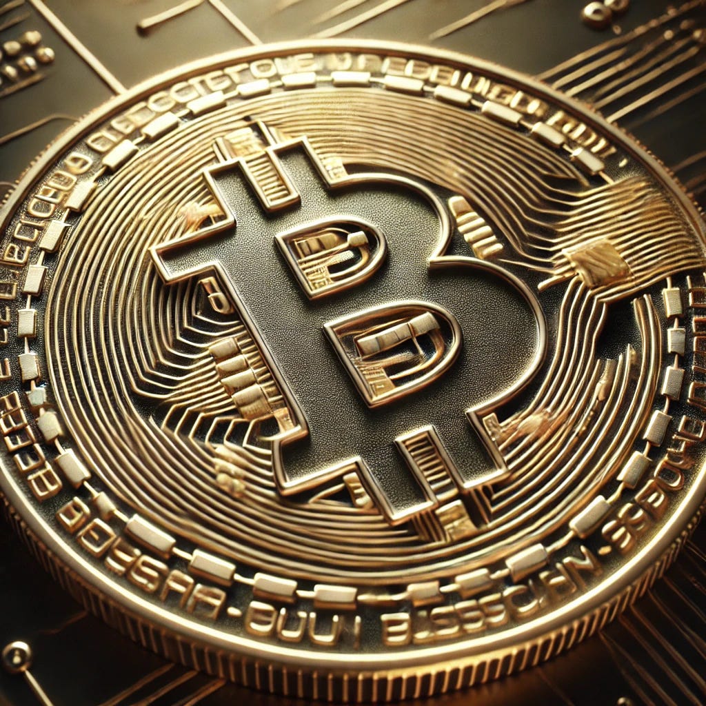 A detailed close-up of a single Bitcoin, featuring the iconic 'B' symbol with vertical lines, engraved on a shiny golden surface. The coin has a futuristic, digital texture with intricate blockchain-inspired engravings. The background is dark and slightly blurred to emphasize the coin's metallic shine.