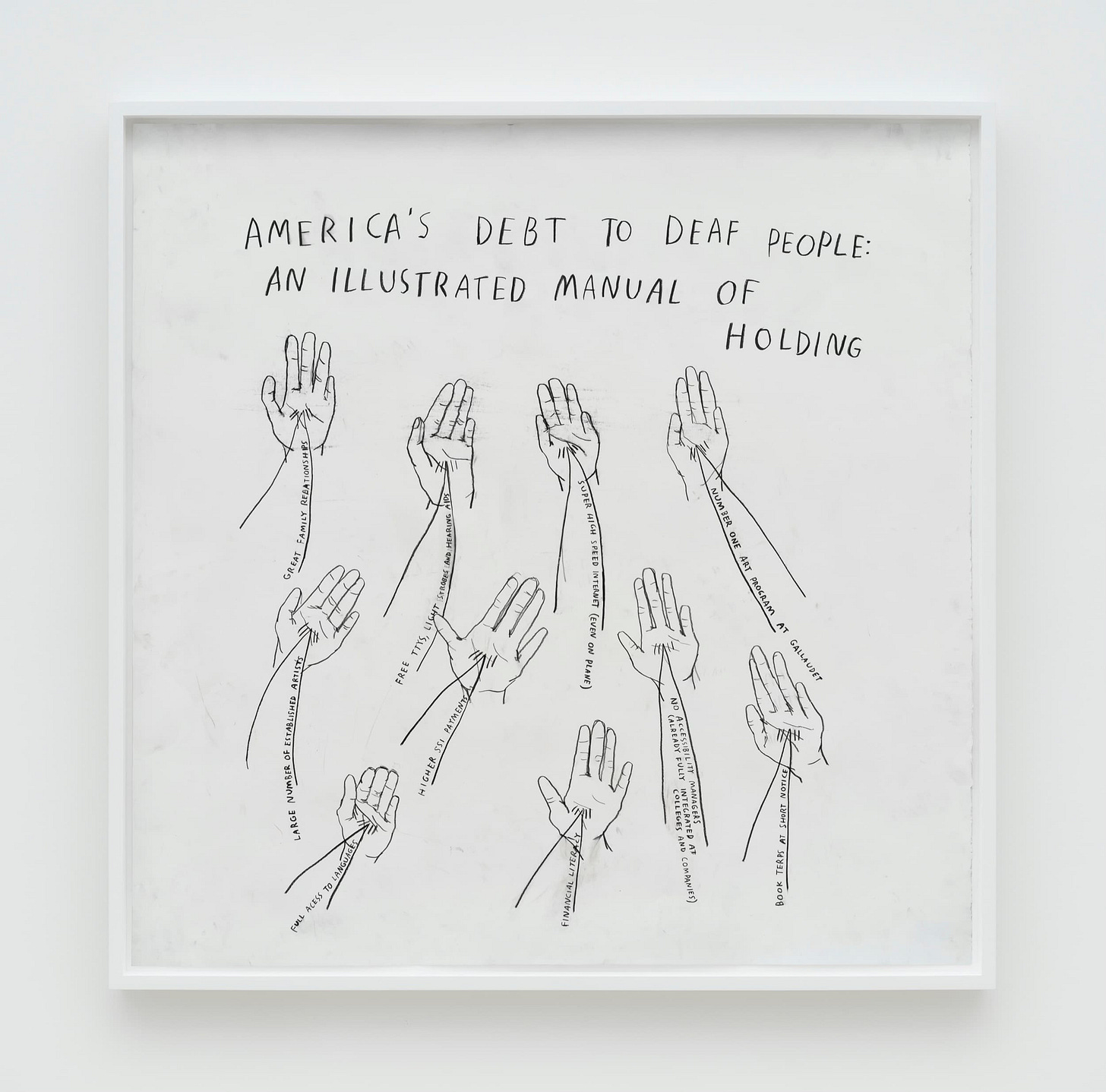 A charcoal drawing by Christine Sun Kim that says "America’s Debt to Deaf People"  above various hands with text and lines flying into them