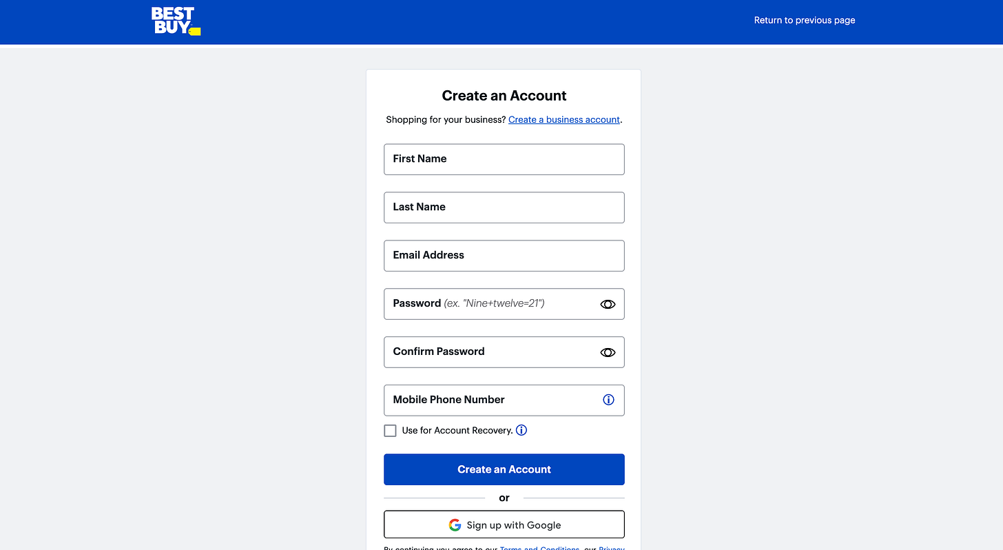 Best Buy account creation page Best Buy account creation page