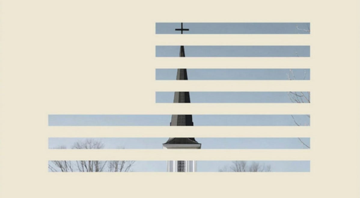 Image of a church as if seen through a slatted window in the shape of the striped area of a USA flag