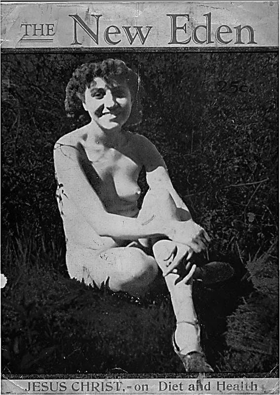 Two black-and-white magazine covers from The New Eden, a late-1930s Christian naturist publication edited by Floyd M. Gurley. Left: A nude woman stands outdoors holding leafy branches in front of her torso, with the headline “Christianity Endorses Nudism” printed beneath the masthead. Right: A seated nude woman smiles at the camera while sitting on grass, legs crossed, with cover text referencing Jesus Christ, diet, and health. Both covers juxtapose explicit nudity with religious messaging and period typography.