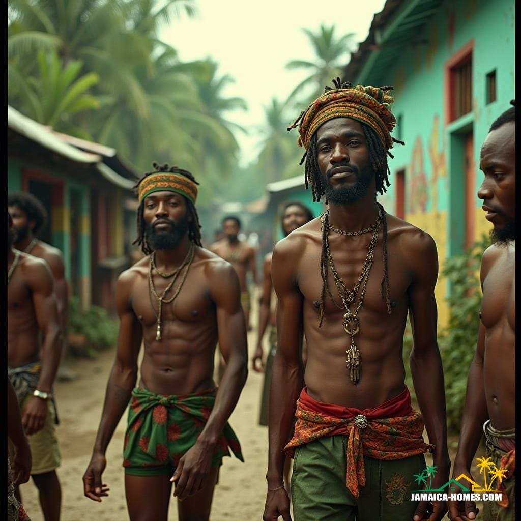 Vibrant Rastafarian community in a bustling Jamaican ghetto, Caribbean setting, surrounded by lush greenery and colorful street art, captured in a cinematic film still, reminiscent of a Stanley Kubrick or Terrence Malick film, with the gritty realism of a Danny Boyle production, shot on a V-Raptor XL camera, infused with film grain, a subtle vignette, and meticulous color grading, evoking the warmth and texture of 35mm film, with dramatic, cinematic lighting that accentuates the subjects' emotions, post-processed to perfection, exuding an atmospheric, epic quality that's both stunning and thought-provoking, a true masterpiece of cinematic storytelling.