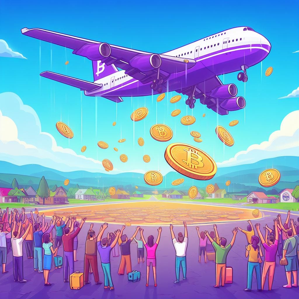 a purple plane dropping crypto tokens out of the sky to a crowd of happy people a purple plane dropping crypto tokens out of the sky to a crowd of happy people
