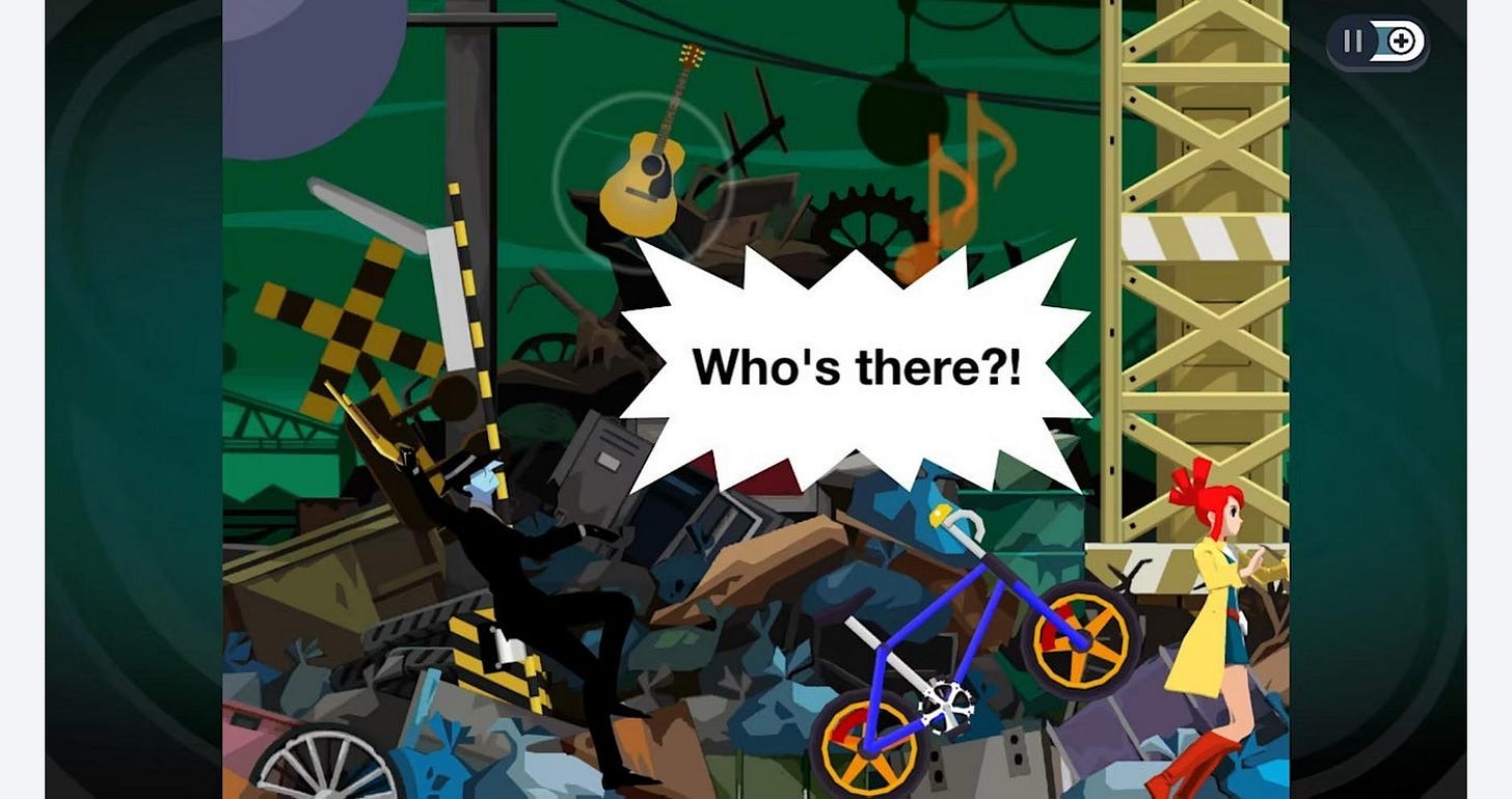 Screencapture from Ghost Trick. A blue hitman with a rifle shouts "Who's there?" after being startled by a ghost trick.