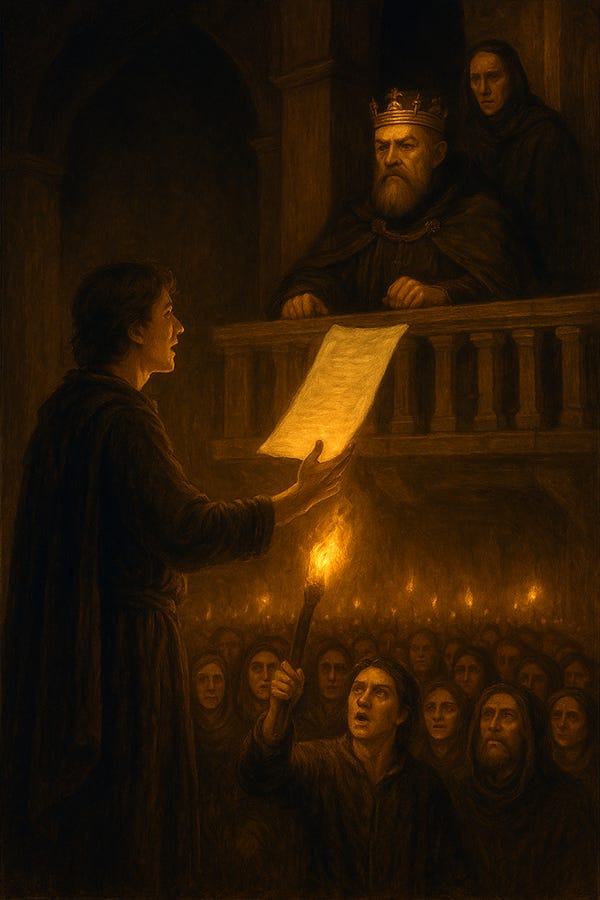 The image depicts a dramatic night scene lit by warm torchlight. In the foreground, a young clerk stands before a gathering of townspeople, holding a parchment high as he reads its words aloud. The crowd below him is tightly packed, their faces illuminated by the flames they hold, their expressions tense, hopeful, or fearful. Above them, on a stone balcony, a bearded king in a golden crown leans forward, listening with grave intensity. A hooded advisor stands just behind him, half shrouded in shadow. The architecture is dark and medieval, with arches and pillars framing the moment. The heavy golden lighting creates a sense of secrecy, revelation, and political confrontation.