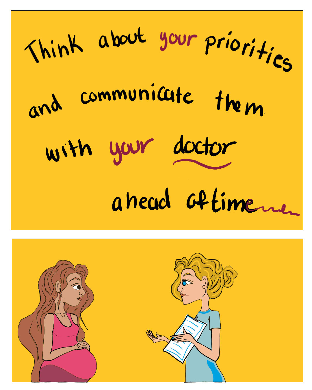 The image consists of two parts. The top part contains text on a yellow background that reads: "Think about your priorities and communicate them with your doctor ahead of time." The words "your" and "ahead of time" are written in a different color for emphasis. The bottom part is an illustration showing a pregnant woman in a pink top talking to a healthcare professional holding a clipboard. This image emphasizes the importance of discussing healthcare priorities with a doctor, especially in the context of c-sections.