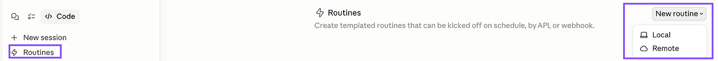 Claude Desktop app Code section showing Routines highlighted in the left sidebar and the New routine dropdown with two options: Local and Remote