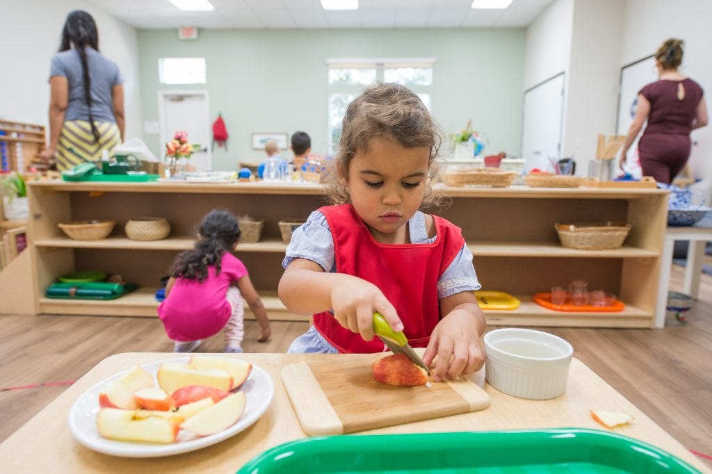 Toddler slicing fruit independently in a Montessori classroom, engaging in real food preparation instead of completing a chore chart task.