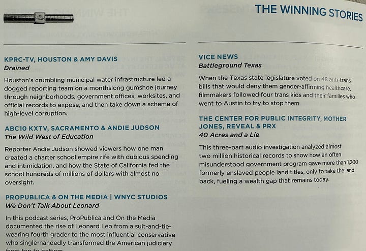 The two pictures show copy of the program's cover at The Alfred I. duPont-Columbia University Awards and the second picture shows 40 Acres and a Lie listed as one of the winners. The program inside listed the finalists and winners. The ceremony was held early this year at Columbia University in NY City. (Mc Nelly Torres | Don't Forget My Voice)