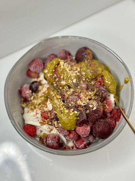 Pistachio protein pancake breakfast bowl, gluten-free chocolate chip banana walnut muffins, peanut butter cacao energy balls