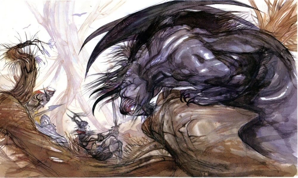 A painting of a behemoth facing  off against a Light Warrior by Yoshitaka Amano