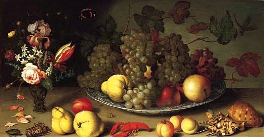 A vase of tulips and roses with shells and a butterfly resting on the table A vase of tulips and roses with shells and a butterfly resting on the table
