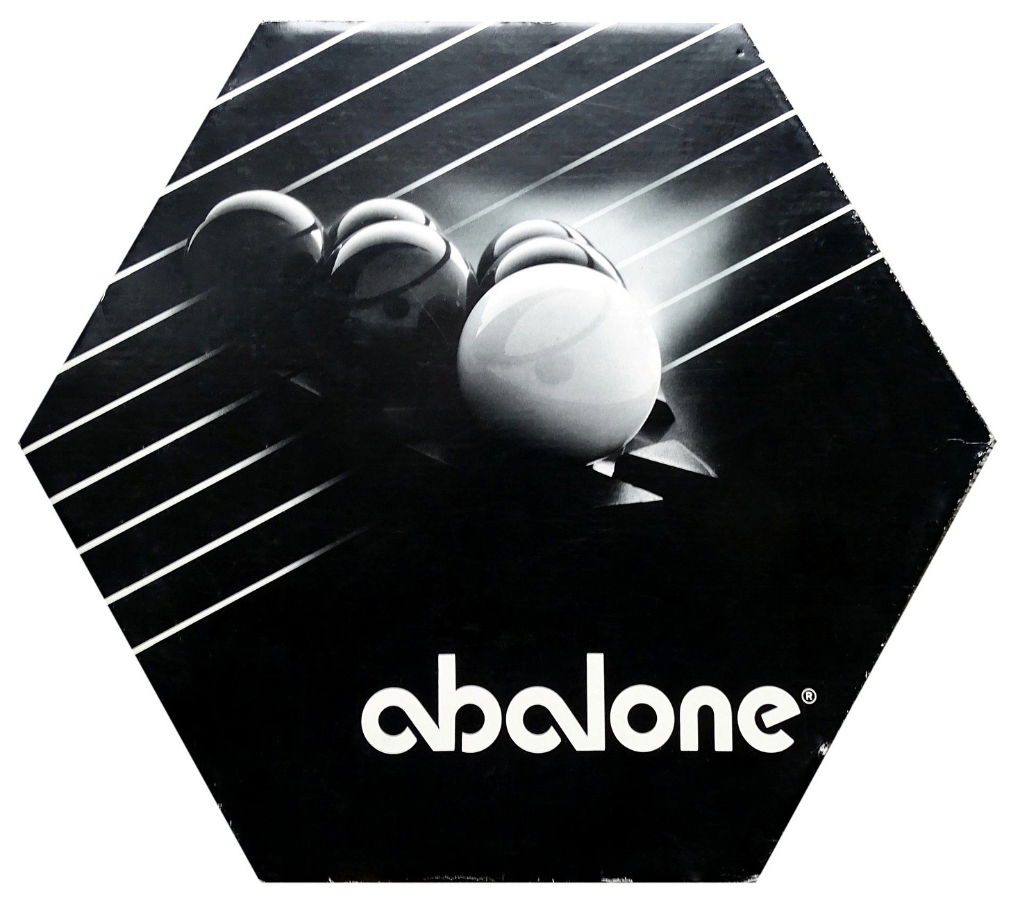 The Abalone box, a black hexagon with white lettering and a minimalist look. The Abalone box, a black hexagon with white lettering and a minimalist look.